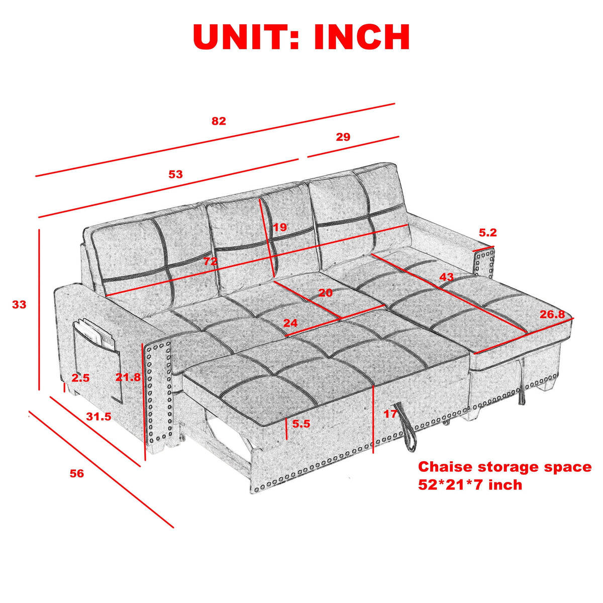Black Queen Size Sleeper Sofa Bed with Storage Chaise H619