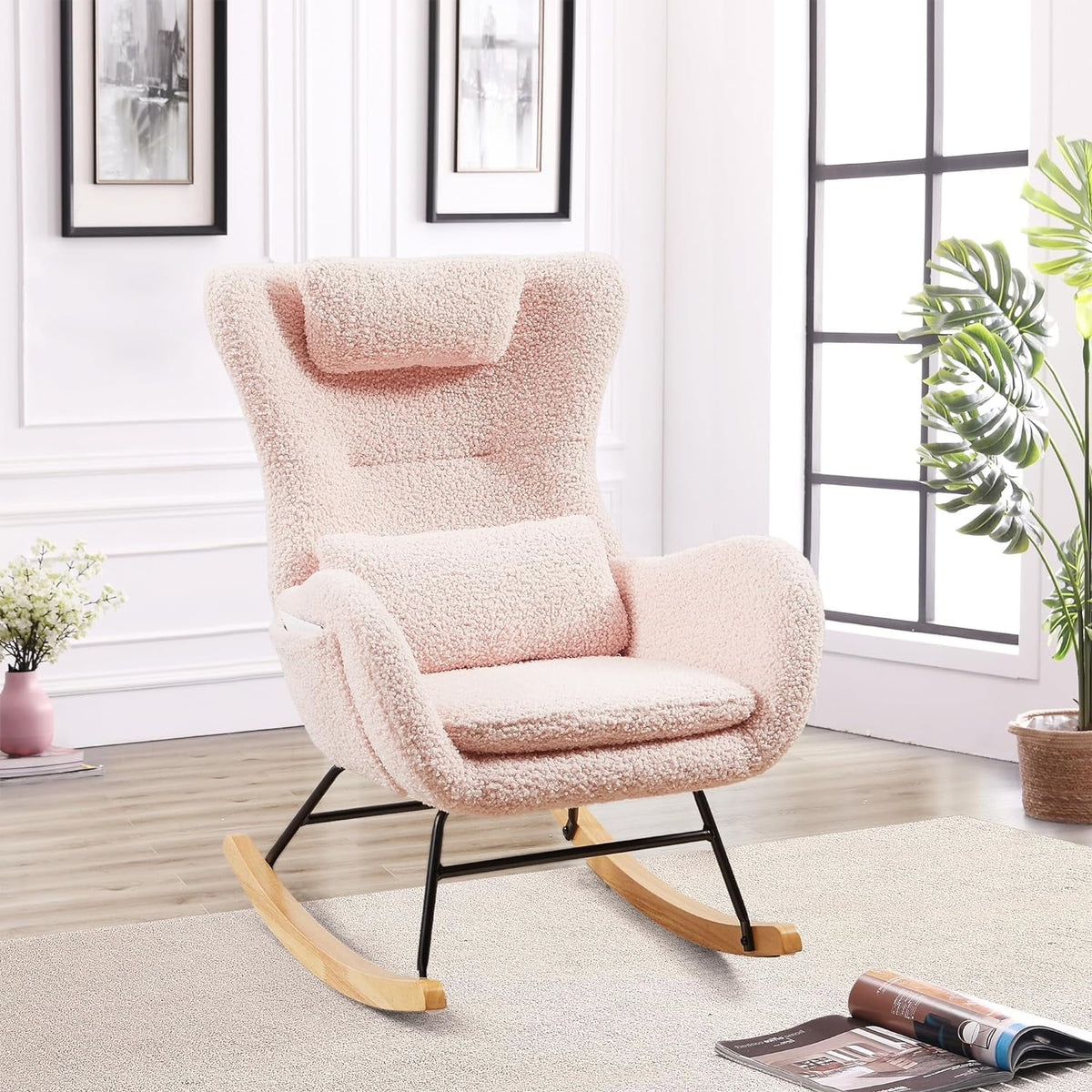 Pink Teddy Upholstered Rocking Chair with Pillow T165