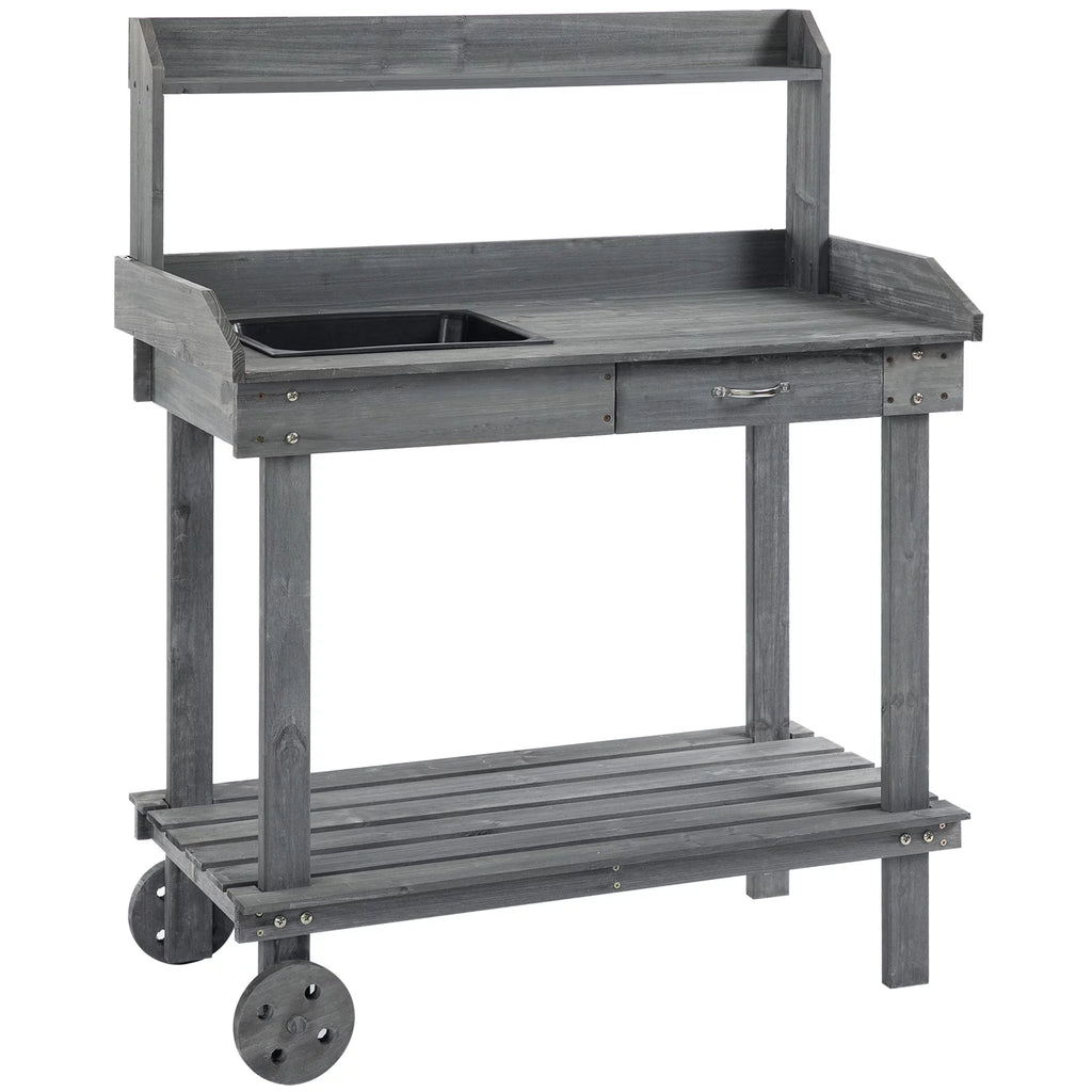 36" x 18" x 47" Wood Potting Bench Work Table with 2 Wheels, Grey N825313