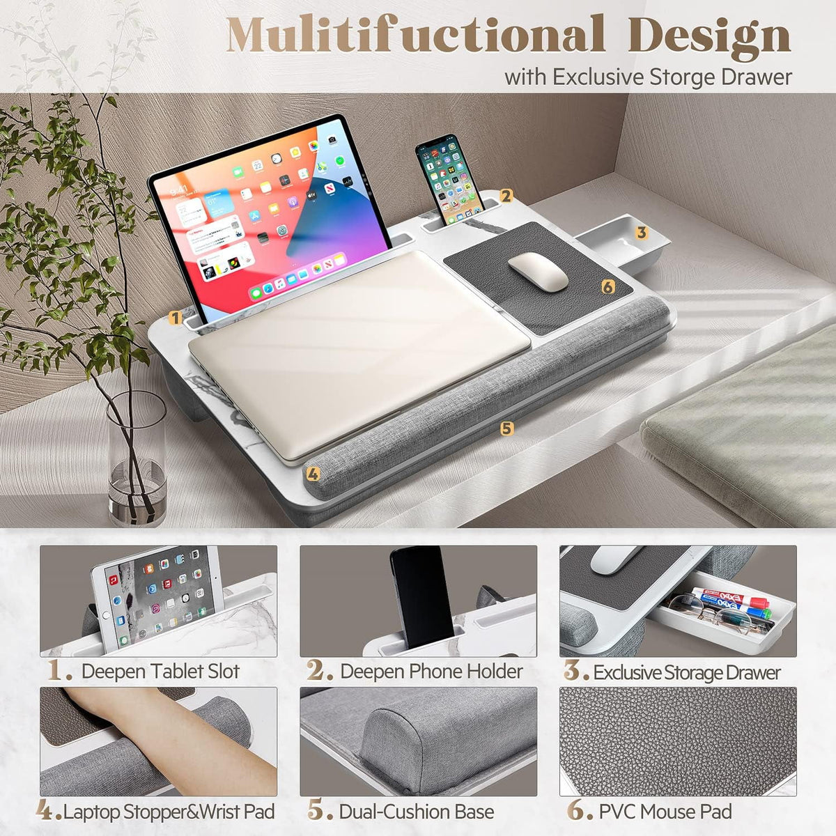 Foldable Lap Desk with Mouse Pad and Storage Drawer, Fits Up to 17" Laptop G9305