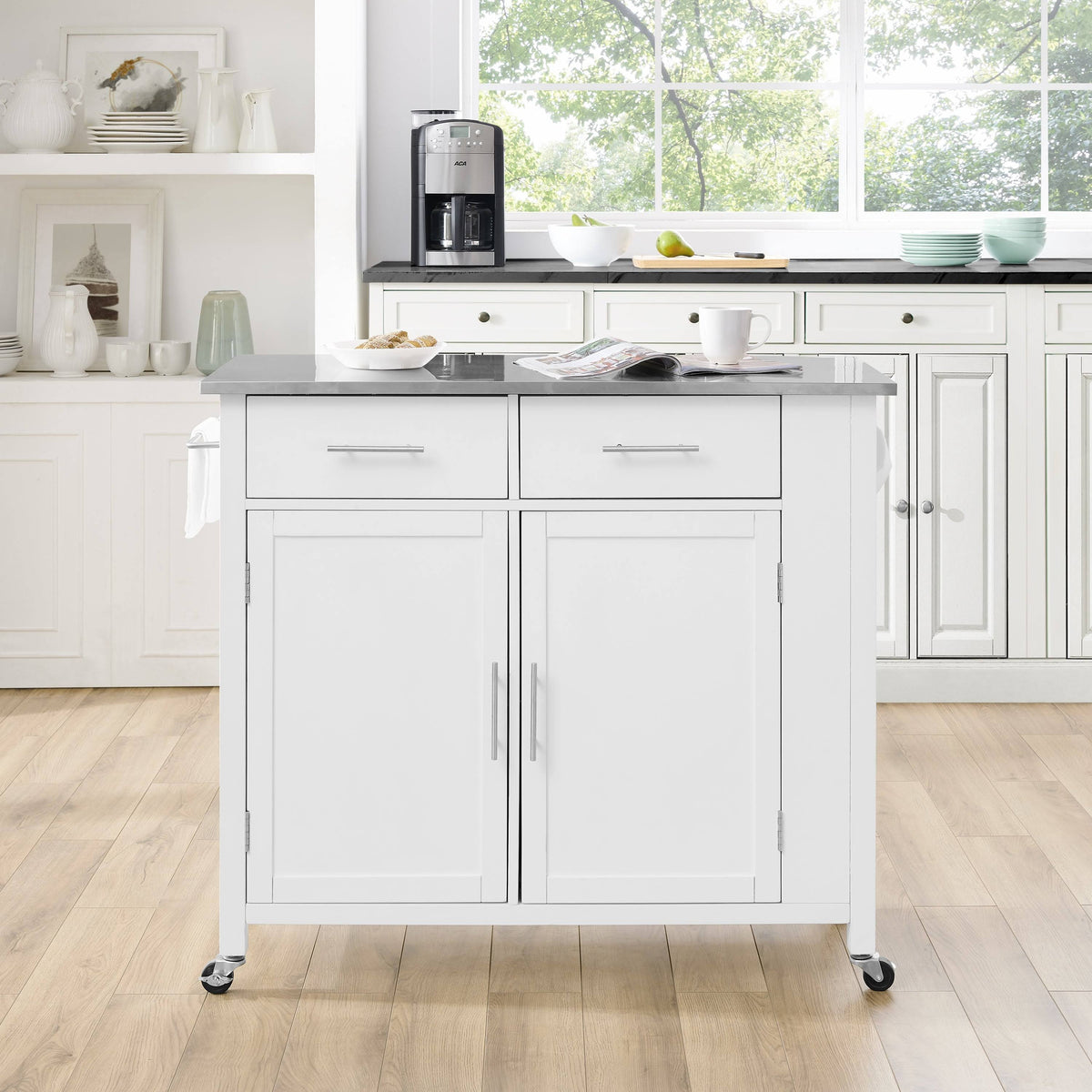 White Stainless Steel Top Full-Size Kitchen Island Cart O31752