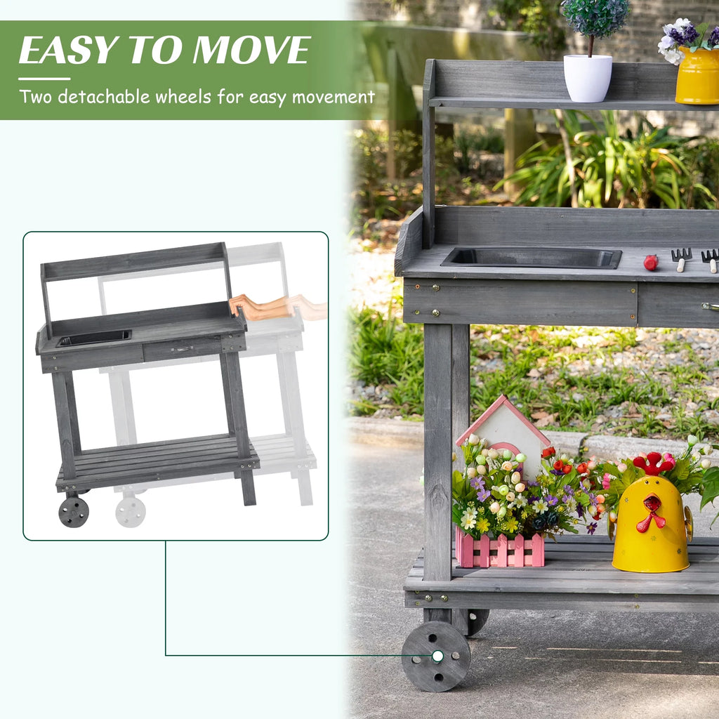 36" x 18" x 47" Wood Potting Bench Work Table with 2 Wheels, Grey N825313