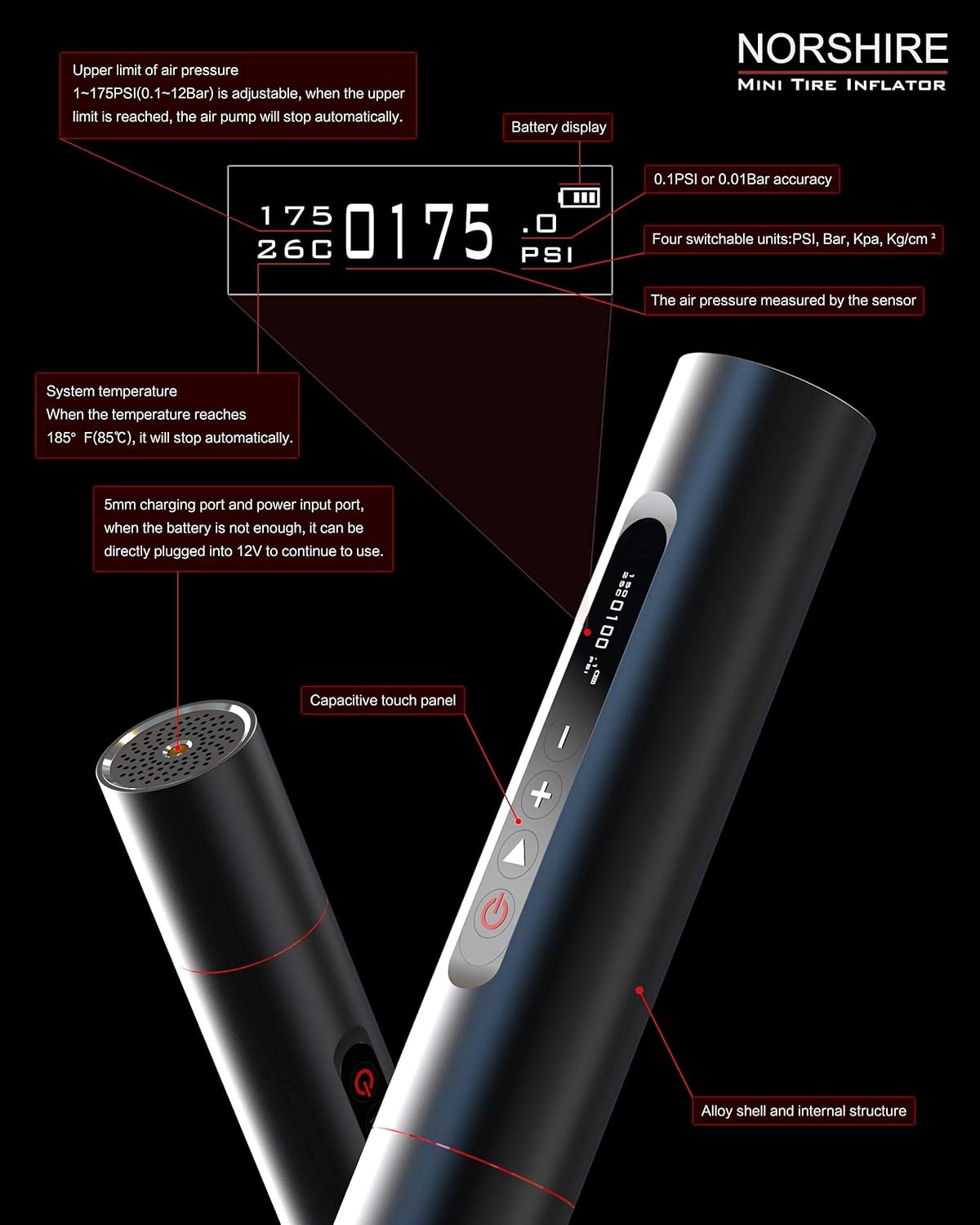 Portable Air Compressor Tire Inflator with 2000mAh Battery P3309
