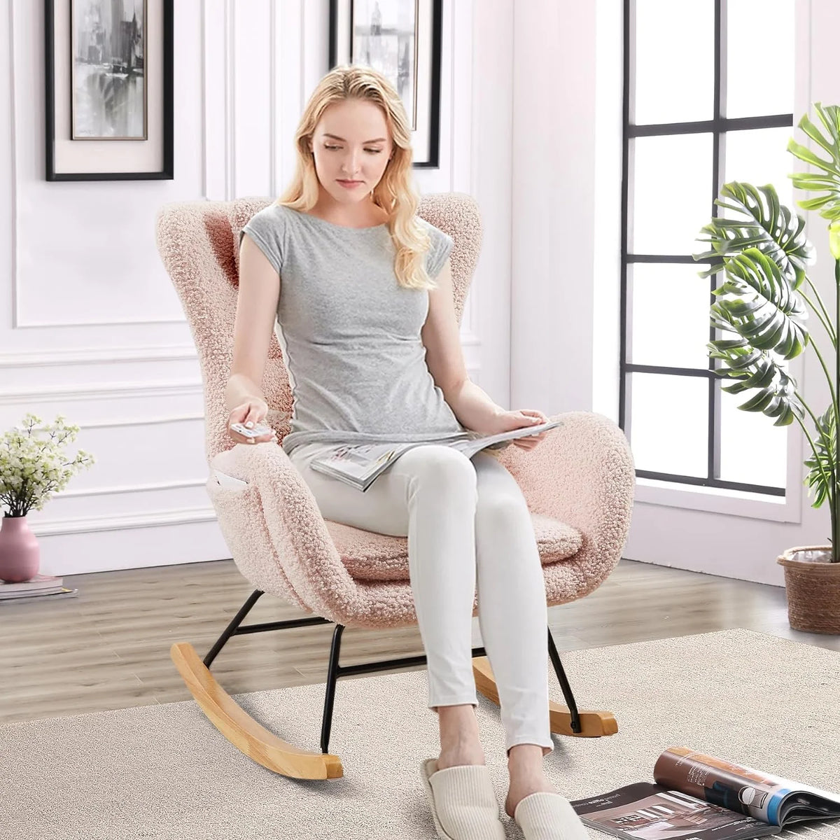 Pink Teddy Upholstered Rocking Chair with Pillow T165