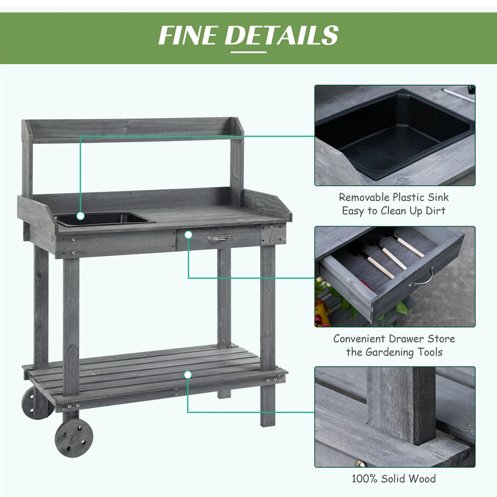 36" x 18" x 47" Wood Potting Bench Work Table with 2 Wheels, Grey N825313