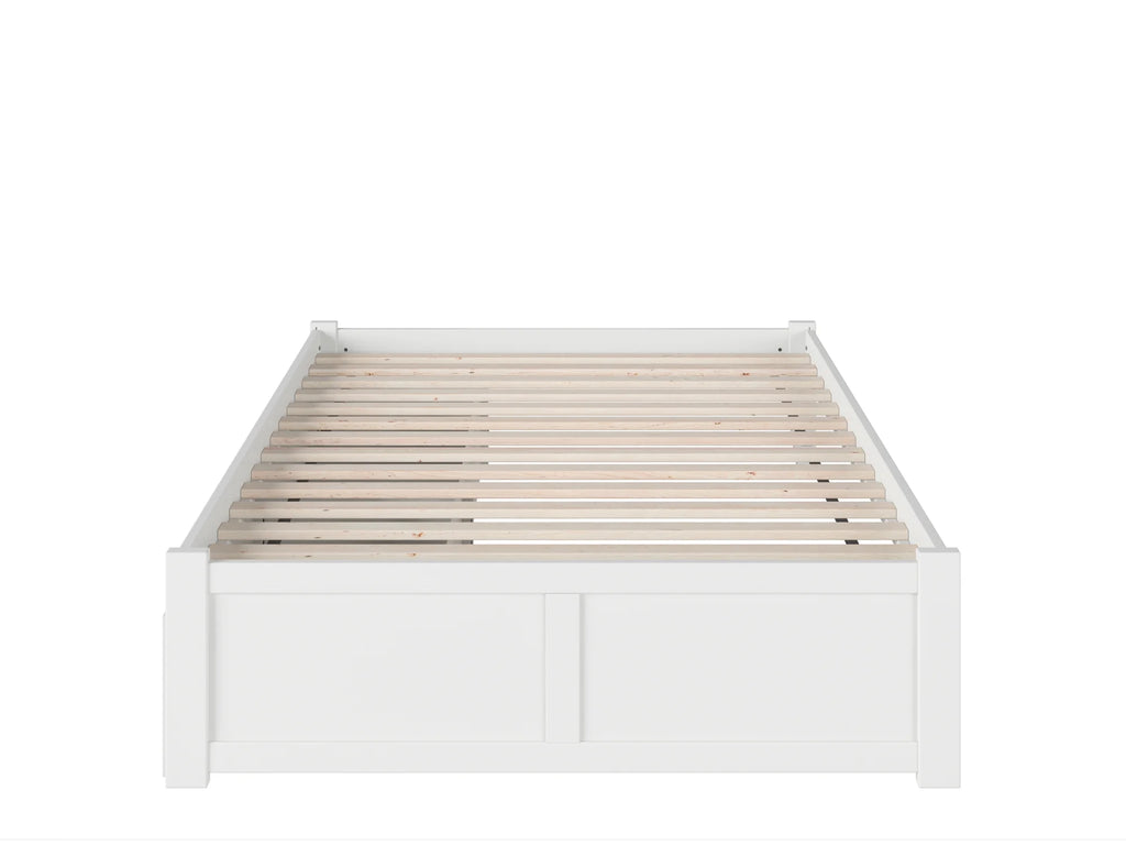 White Solid Wood Platform Bed with Footboard and 2 Storage Drawers P64998