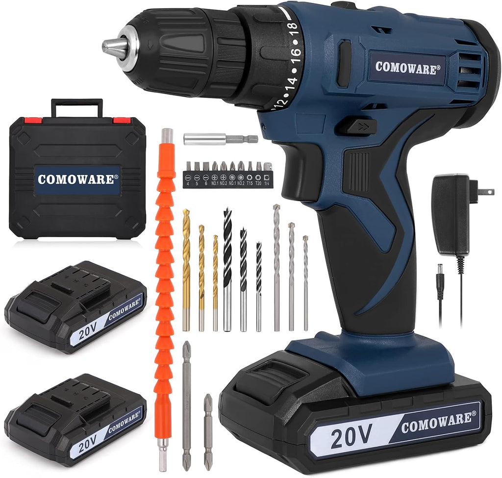 Cordless Drill with 2 Li-ion Batteries & Fast Charger, 3/8” Keyless Chuck, 21+1 Torque Setting Q3010