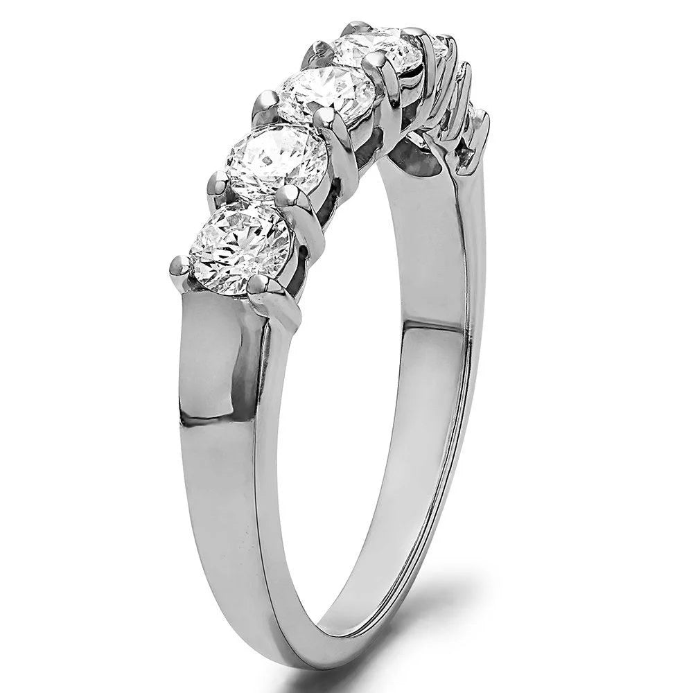 Seven Stone Shared Prong Contoured Wedding Ring In Sterling Silver With Moissanite K648