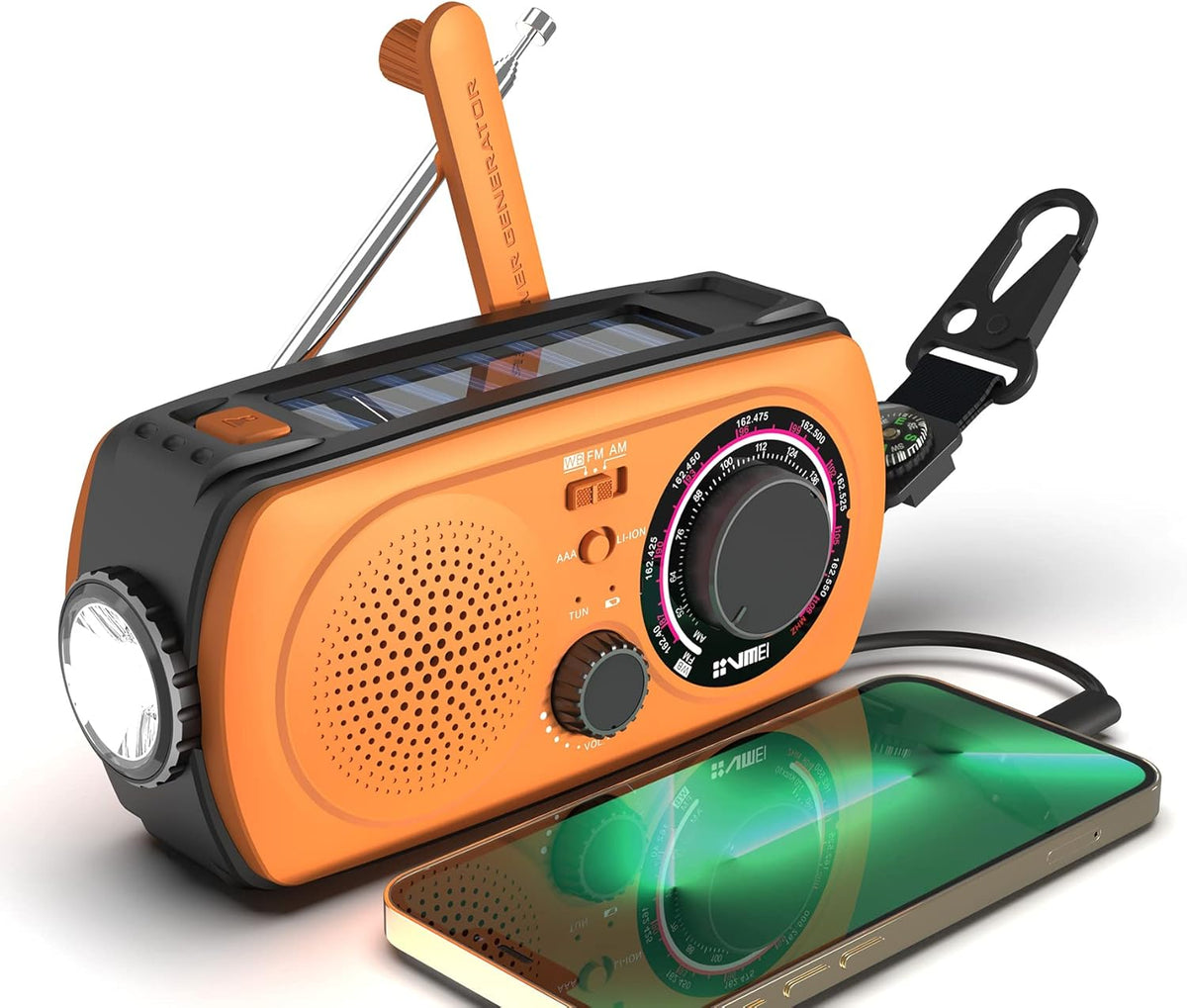 2200mAh Portable Hand Crank Solar Emergency Weather Radio, NOAA/AM/FM, Power Bank, Flashlight, Orange, Pack of 2 S996