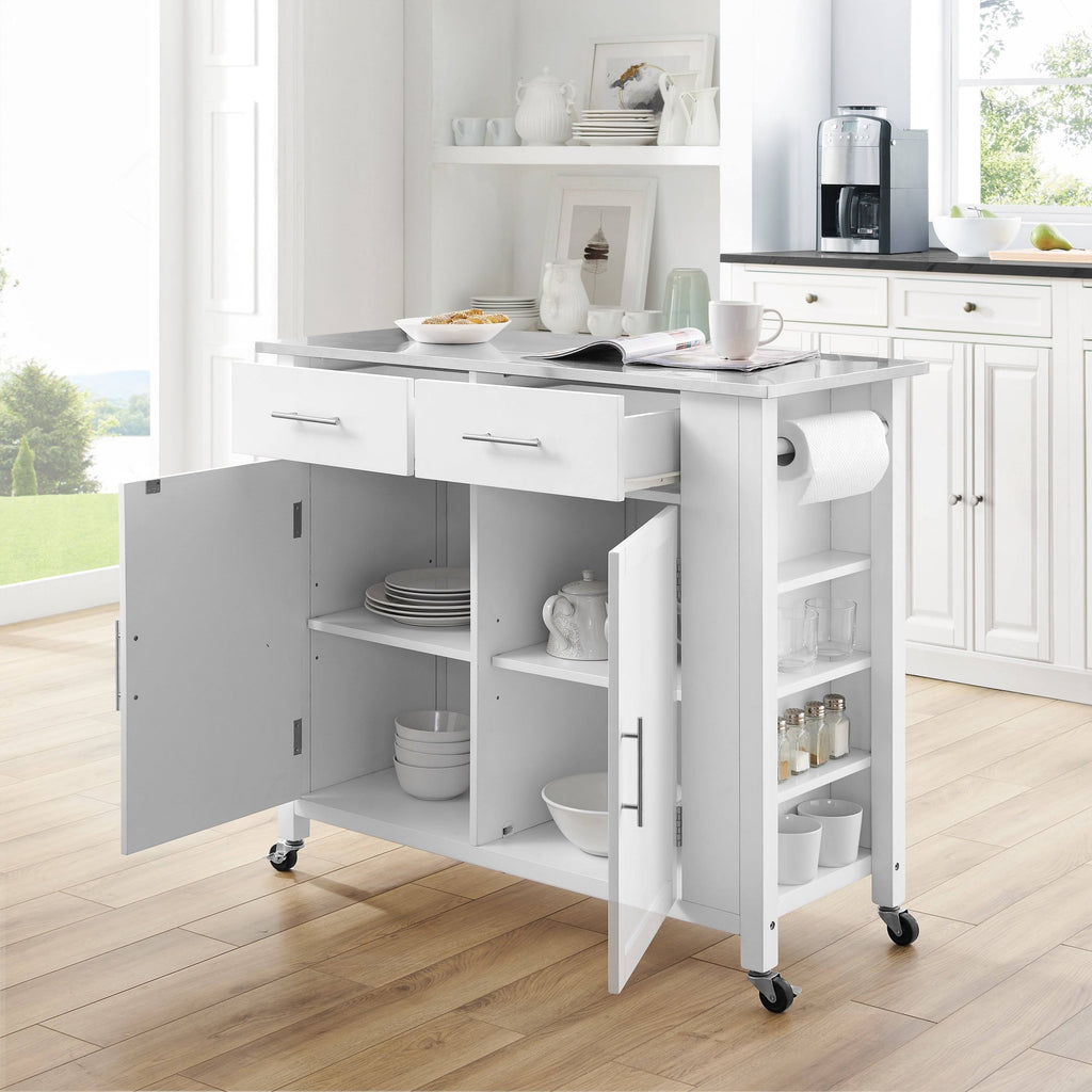 White Stainless Steel Top Full-Size Kitchen Island Cart O31752
