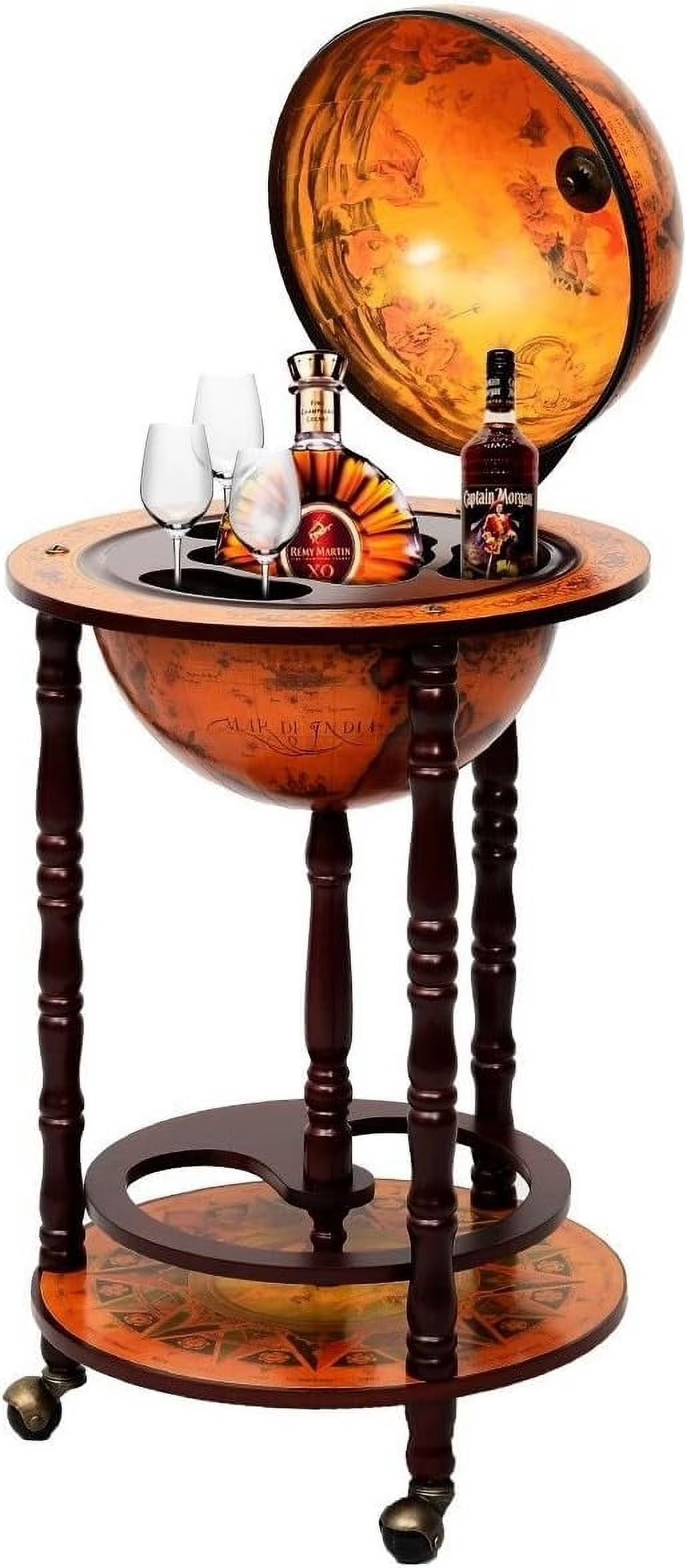 36 Inches Wood Globe Bar Shelf Rack With Wheels B309215
