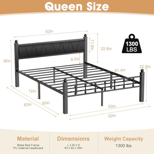 Queen Size Black Metal Bed Frame with Vintage Industrial Headboard Q17973